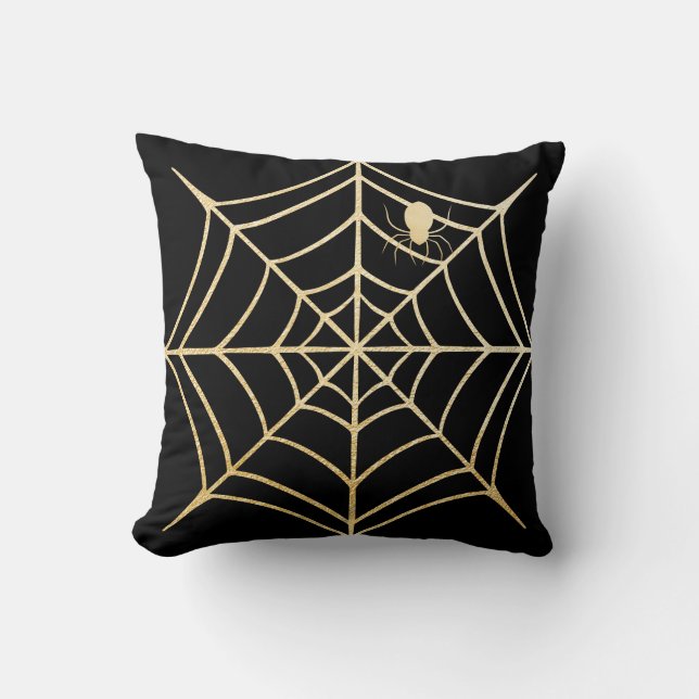 Spooky Black & Gold Spiderweb Spider Halloween Cushion (Front)