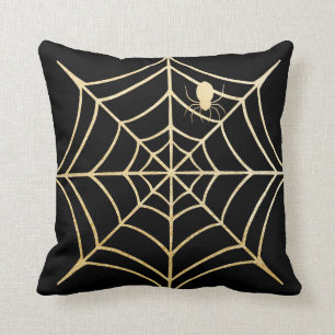 Spooky Black & Gold Spiderweb Spider Halloween Cushion