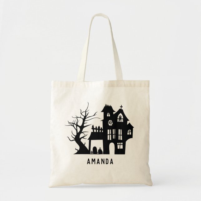 Spooky black haunted house. Halloween kids treats Tote Bag (Front)