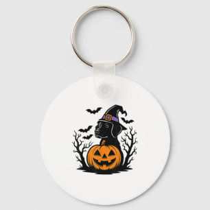 Spooky Black Labrador Retriever Witch Hat Pumpkin Key Ring