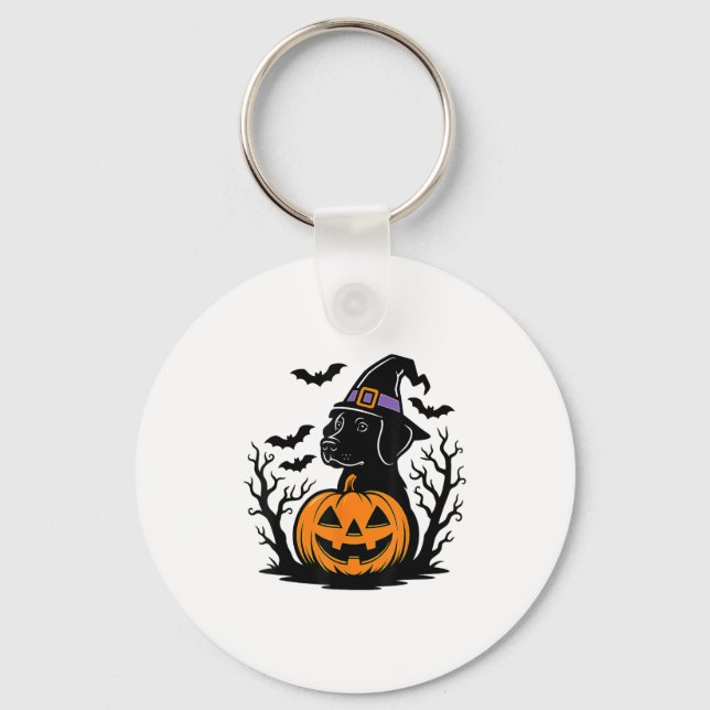 Spooky Black Labrador Retriever Witch Hat Pumpkin  Key Ring (Front)