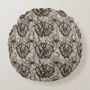 Spooky Black Lace Spider Web Seamless Pattern -  Round Cushion