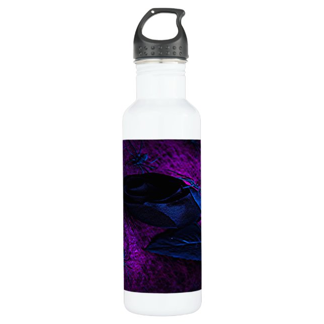 Spooky Black Material Rose, Black Spiders 710 Ml Water Bottle (Front)