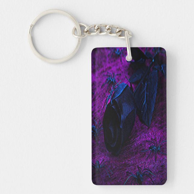 Spooky Black Material Rose, Black Spiders Key Ring (Front)