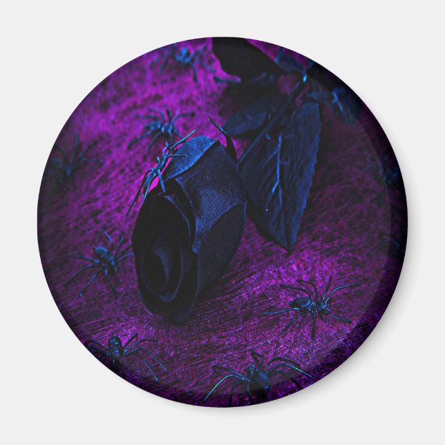 Spooky Black Material Rose, Black Spiders Magnet (Front)