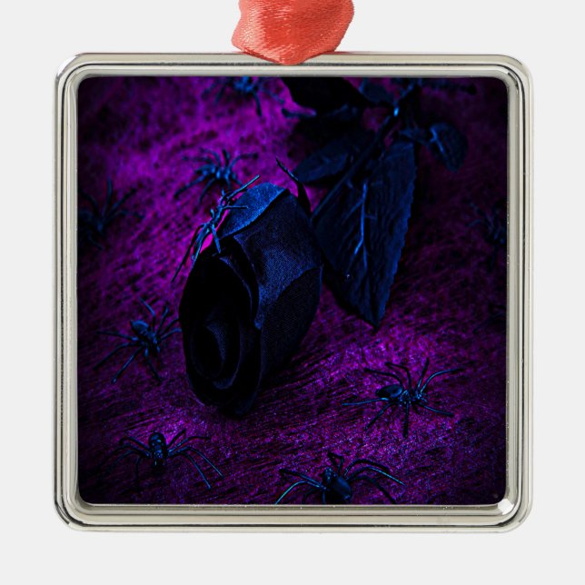 Spooky Black Material Rose, Black Spiders Metal Ornament (Front)