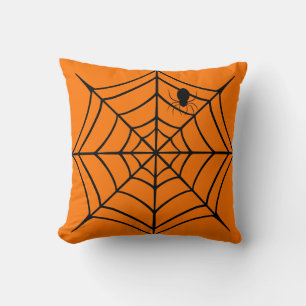 Spooky Black & Orange Spiderweb Spider Halloween Cushion