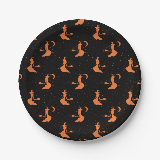 Spooky Black & Orange Witch Paper Plates (Front)