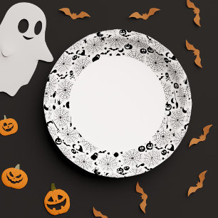 Spooky Black White Birthday Kids Halloween Party Paper Plate