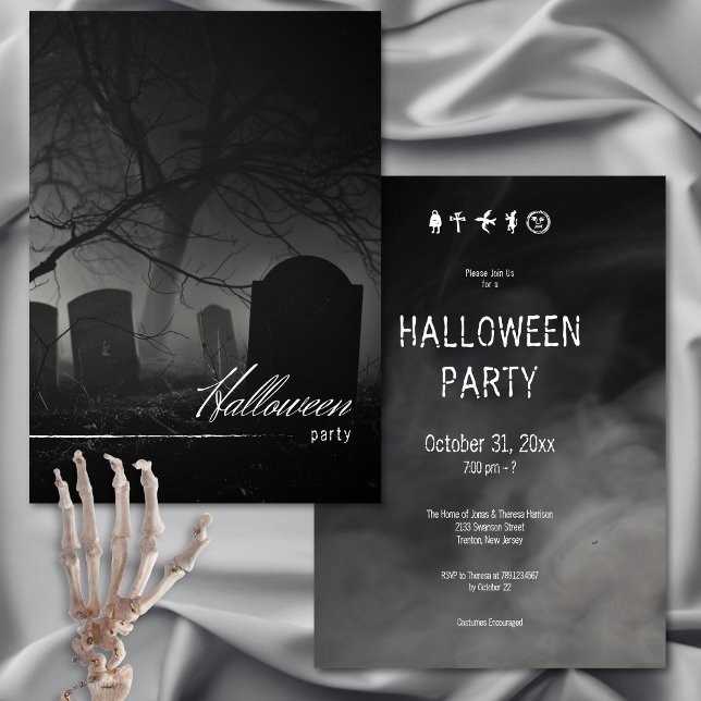 Spooky Black & White Cemetery Halloween Party Invitation (Spooky Black & White Cemetery Halloween Party Invitation)