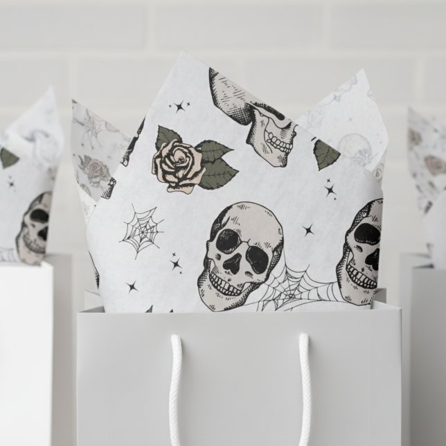Spooky Black & White Floral Small Skull Halloween Tissue Paper (White Gothic Halloween Vintage Floral Skull Tissue Paper. Flowers & Skull Skeleton Pattern For Her)