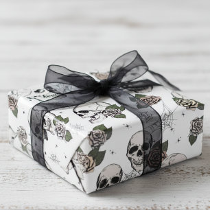 Spooky Black & White Floral Small Skull Halloween Wrapping Paper