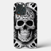 Spooky Black & White Smiling Lace Skull