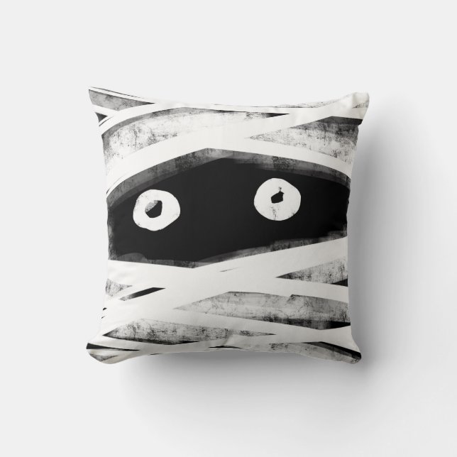 Spooky Black & White Wrapped Mummy Face Halloween Cushion (Front)