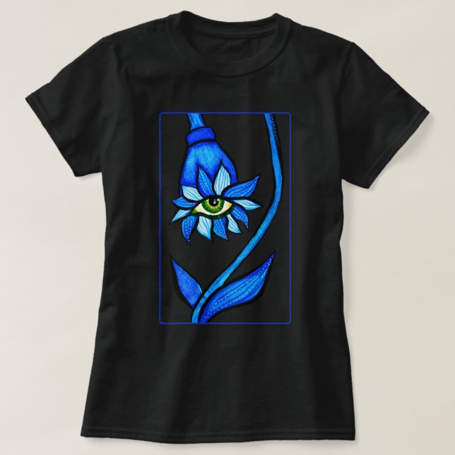 Spooky Blue Eye Flower Monster - Creepy Horror Art T-Shirt (Design Front)