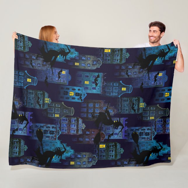 SPOOKY BLUE HALLOWEEN CITYSCAPE FLEECE BLANKET (In Situ)