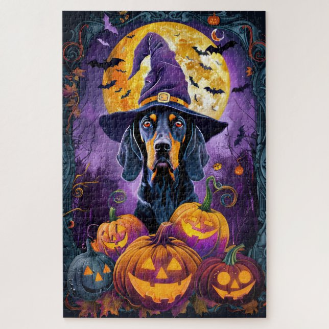 Spooky Bluetick Coonhound Halloween Witch Pumpkin Jigsaw Puzzle (Vertical)