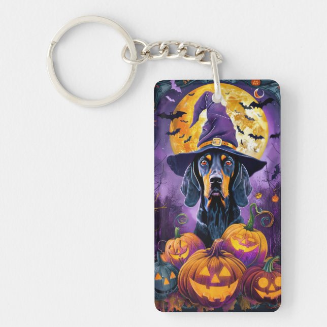 Spooky Bluetick Coonhound Halloween Witch Pumpkin Key Ring (Front)