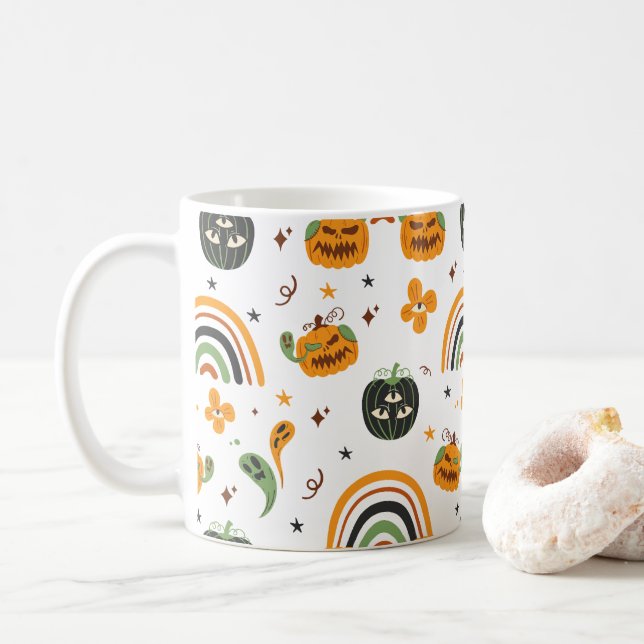 Spooky Boho Halloween Pattern Coffee Mug (With Donut)