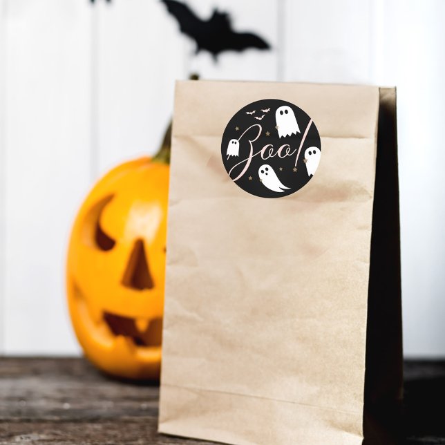 Spooky Boo! Halloween Ghost & Bats Black Classic Round Sticker (Spooky Boo! Halloween Ghost & Bats Black Classic Round Sticker)