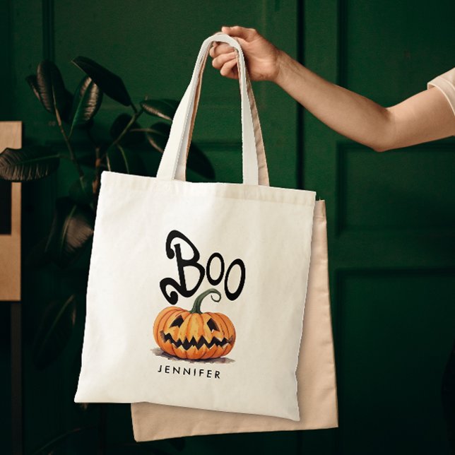 Spooky Boo Orange Halloween Pumpkin Name Tote Bag (Creator Uploaded)
