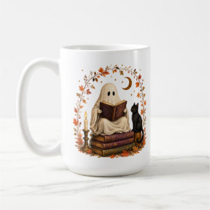 Spooky Book Club Ghost and Black Cat Mug