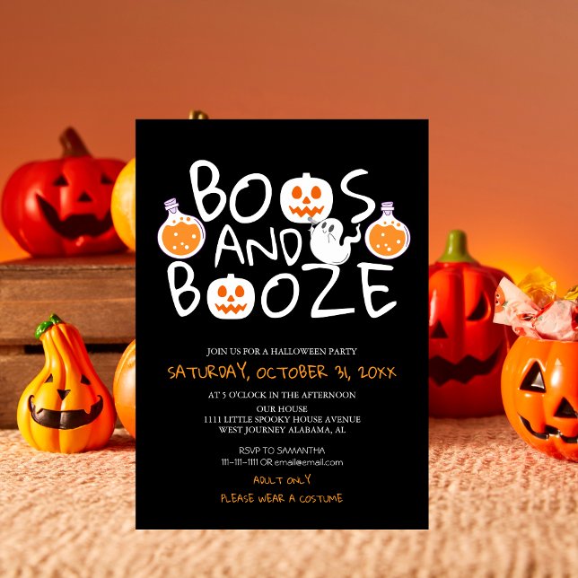 Spooky Boos and Booze Black Adult Halloween Party Invitation (Creator Uploaded)