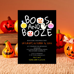 Spooky Boos and Booze Black Adult Halloween Party Invitation