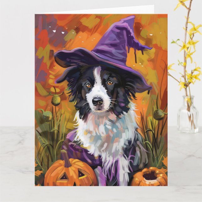 Spooky Border Collie Halloween Witch And Pumpkin Card (Yellow Flower)