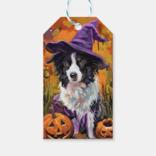 Spooky Border Collie Halloween Witch And Pumpkin Gift Tags