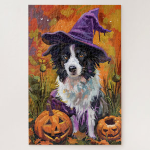 Spooky Border Collie Halloween Witch And Pumpkin Jigsaw Puzzle