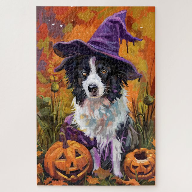 Spooky Border Collie Halloween Witch And Pumpkin Jigsaw Puzzle (Vertical)