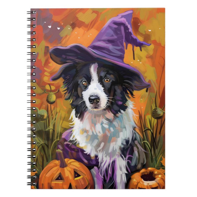 Spooky Border Collie Halloween Witch And Pumpkin Notebook (Front)