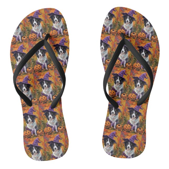 Spooky Border Collie Halloween Witch And Pumpkin Thongs (Footbed)