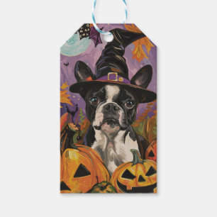 Spooky Boston Terrier Halloween Witch And Pumpkin Gift Tags