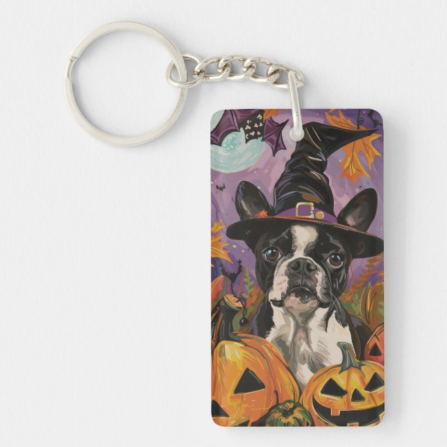 Spooky Boston Terrier Halloween Witch And Pumpkin Key Ring (Front)