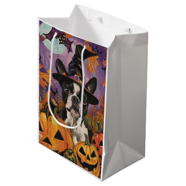 Spooky Boston Terrier Halloween Witch And Pumpkin Medium Gift Bag (Front Angled)