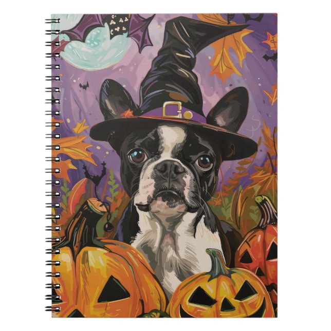 Spooky Boston Terrier Halloween Witch And Pumpkin Notebook (Front)