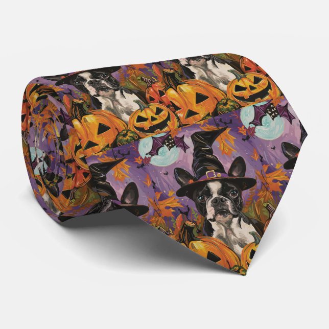 Spooky Boston Terrier Halloween Witch And Pumpkin Tie (Rolled)
