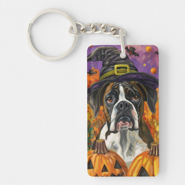 Spooky Boxer Halloween Witch And Pumpkin Key Ring (Front)