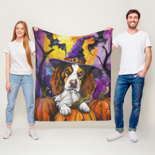 Spooky Brittany Spaniel Halloween Witch Pumpkin  Fleece Blanket