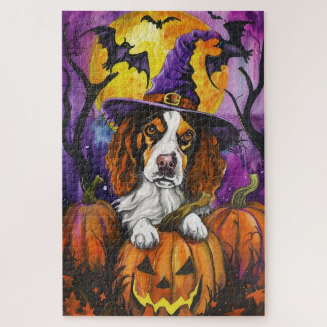 Spooky Brittany Spaniel Halloween Witch Pumpkin  Jigsaw Puzzle (Vertical)