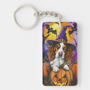 Spooky Brittany Spaniel Halloween Witch Pumpkin  Key Ring