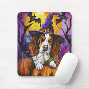 Spooky Brittany Spaniel Halloween Witch Pumpkin Mouse Pad