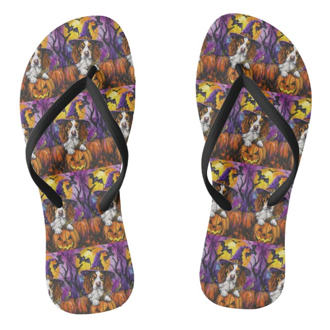 Spooky Brittany Spaniel Halloween Witch Pumpkin  Thongs (Footbed)