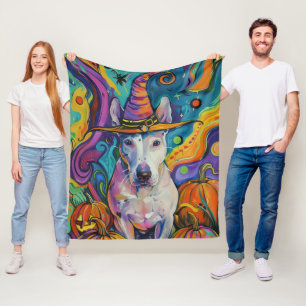 Spooky Bull Terrier Halloween Witch And Pumpkin Fleece Blanket