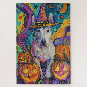 Spooky Bull Terrier Halloween Witch And Pumpkin Jigsaw Puzzle