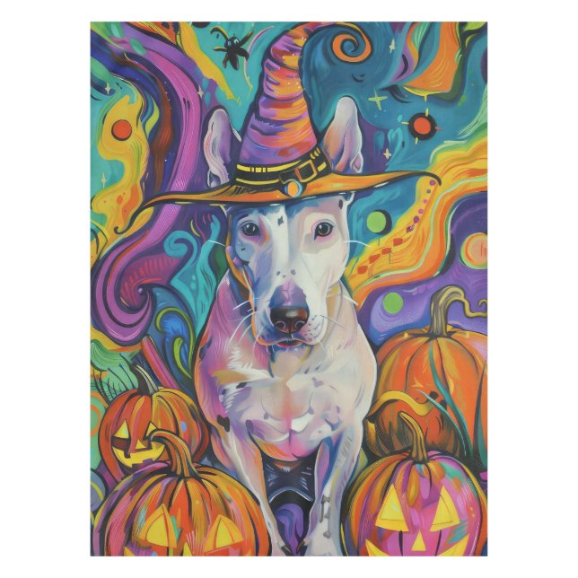 Spooky Bull Terrier Halloween Witch And Pumpkin Tablecloth (Front)
