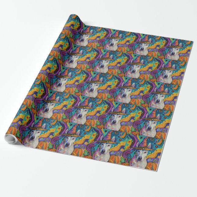 Spooky Bull Terrier Halloween Witch And Pumpkin Wrapping Paper (Unrolled)