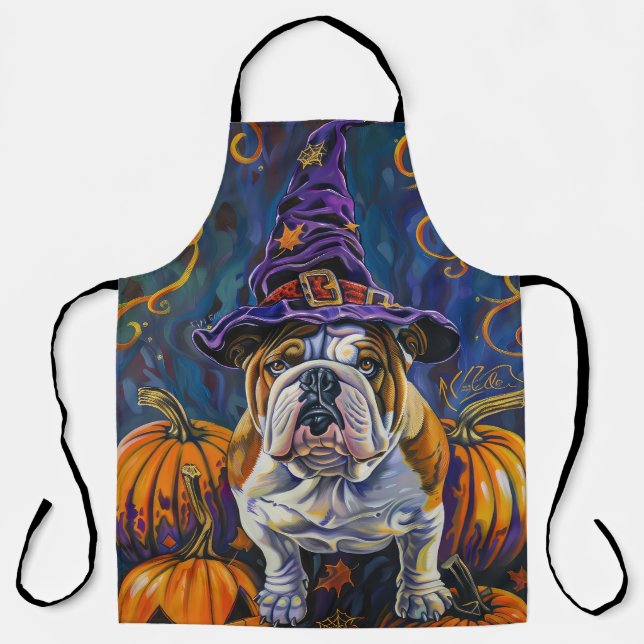 Spooky Bulldog Halloween Witch And Pumpkin Apron (Front)